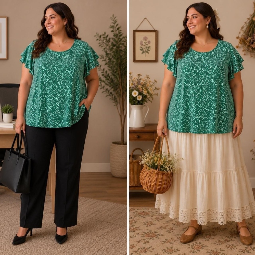 Adrianna Papell Green Floral Flutter Sleeve Top 1X Stretch Office Cottagecore